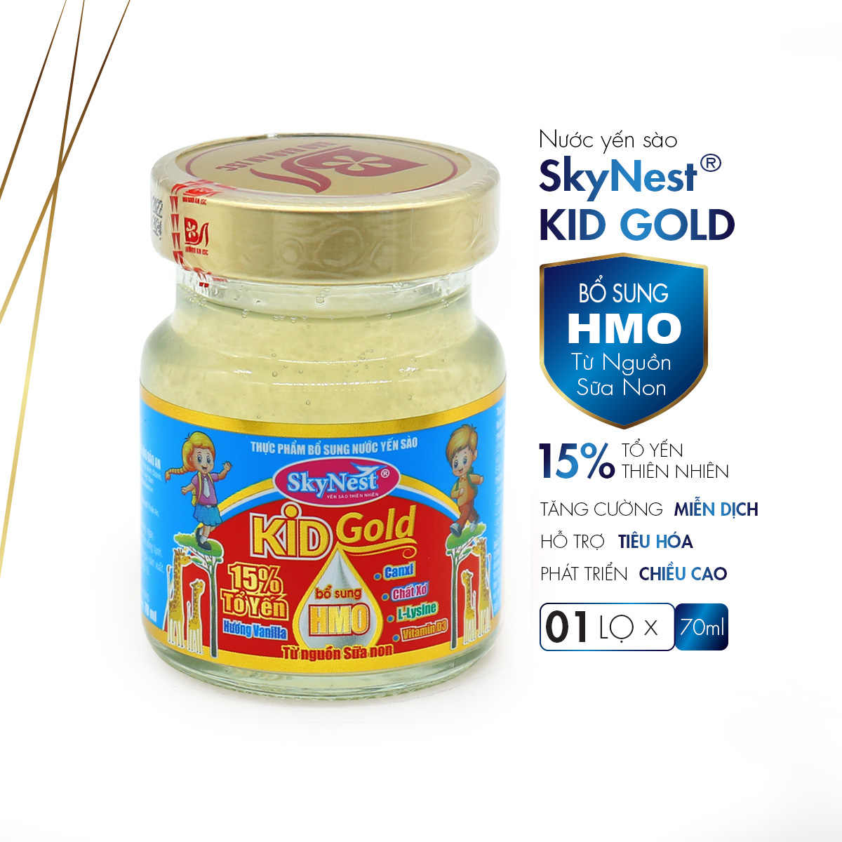 Nước Yến Sào SkyNest Kid Gold HMO 15% Tổ Yến Cho Trẻ Nhỏ x Lọ 70 ml, bổ sung HMO từ nguồn sữa non, kích thích tiêu hóa, lợi khuẩn đường ruột