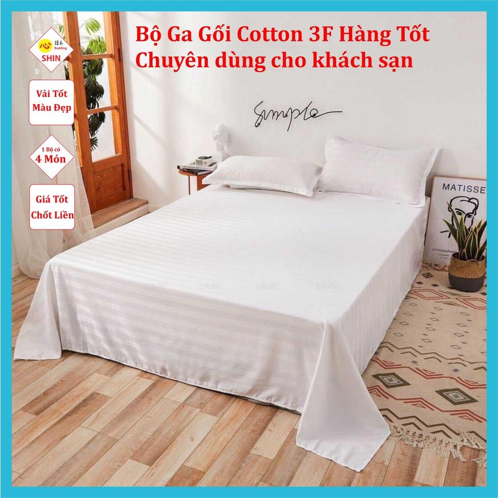 Bộ ga gối cotton sọc 3F màu trắng size giường 180x200x25cm chuyên dùng khách sạn
