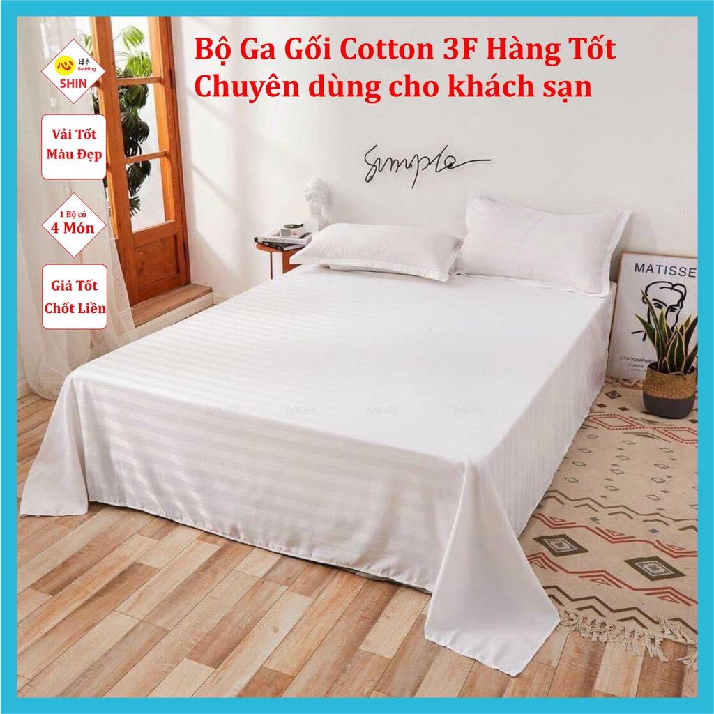 Bộ ga gối cotton  sọc 3F màu trắng size giường 180x200x25cm chuyên dùng khách sạn