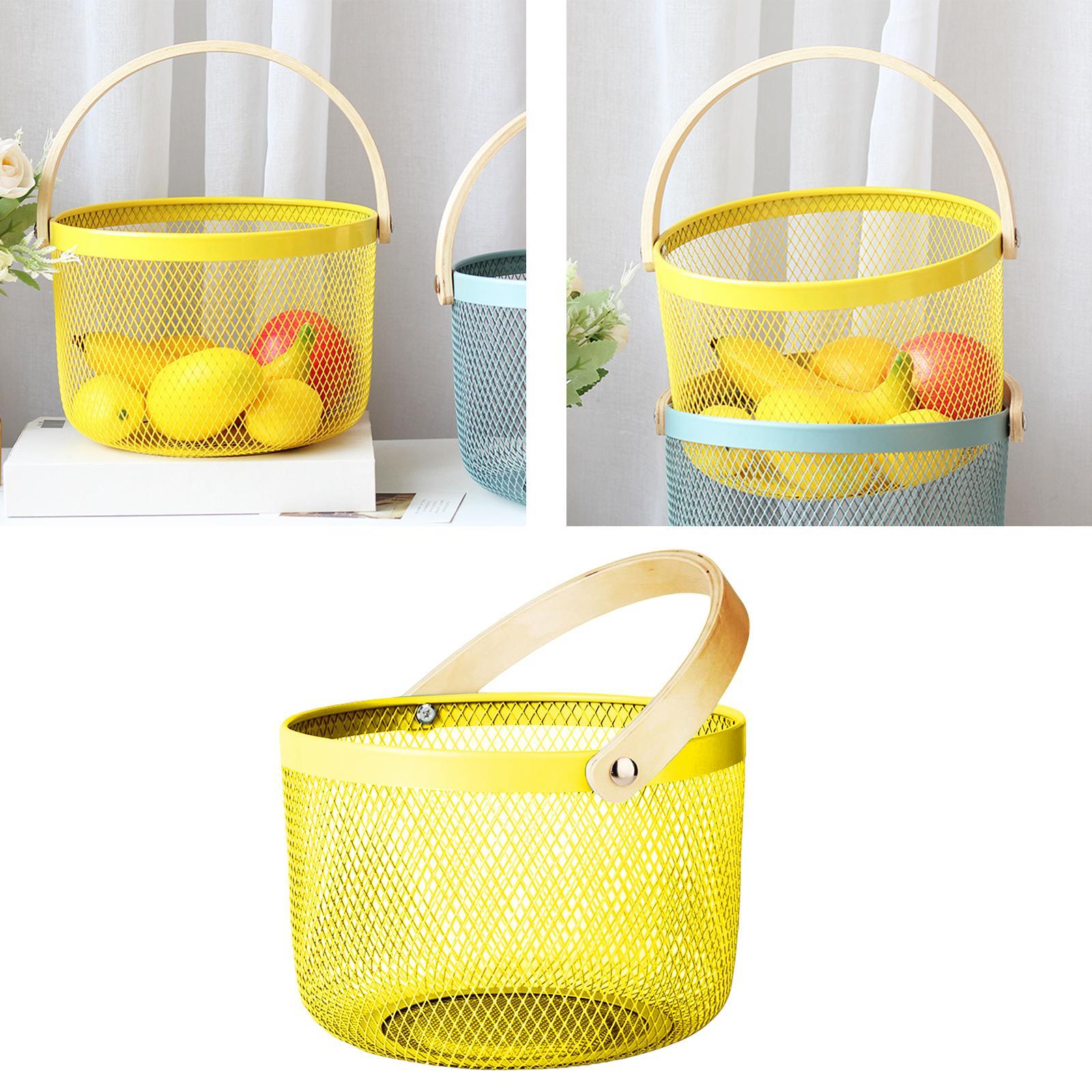 Iron Kitchen Storage Basket with Bamboo Handle for Shopping Entryway Office