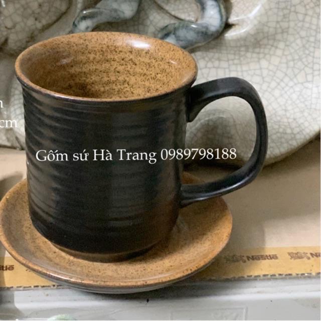 Set cốc đĩa gốm sứ Bát Tràng cao cấp men đen lòng nâu gốm hạt tiêu dung tích 250 ml