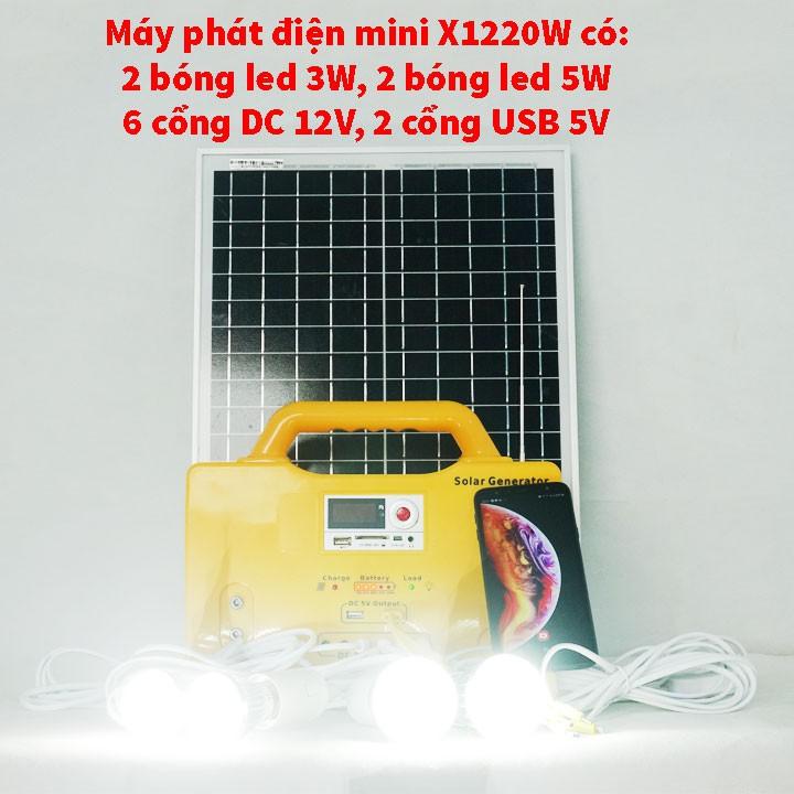 Máy phát điện năng lượng mặt trời mini cao cấp X1220W Tặng Kèm theo: 2 bóng led 3w, 2 bóng led 5w (dây dẫn 5m)