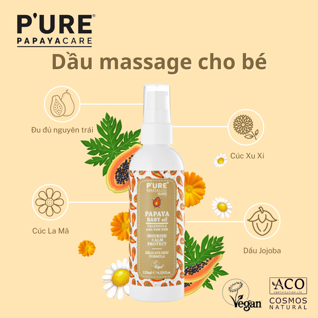 Dầu massage ngừa viêm da cho bé P’URE Papayacare Baby Oil 125ml