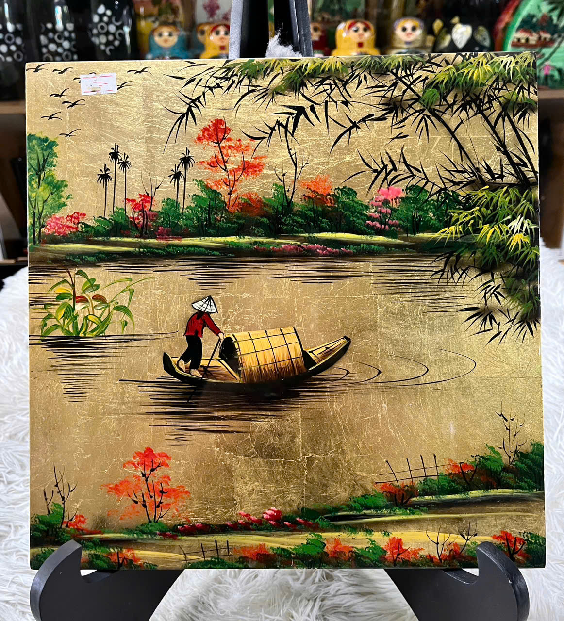 Tranh sơn mài đồng quê vẽ vàng, hàng xuất khẩu 30x30 cm