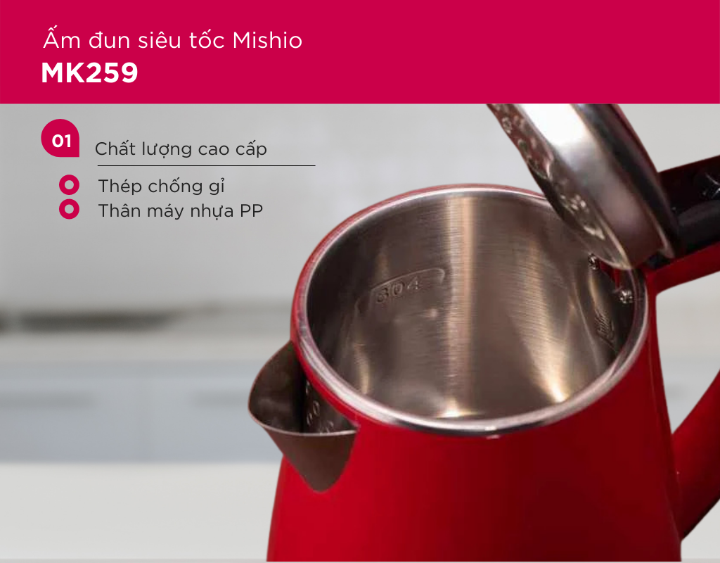 Ấm Đun Siêu Tốc Mishio MK259 1500W 1.7 Lít inox 304 - Hàng chính hãng