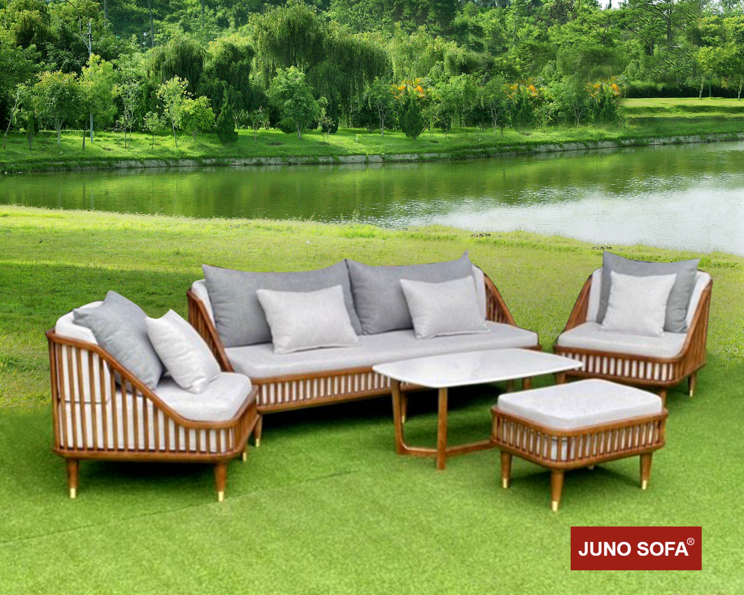 Bộ sofa Cao Cấp Bắc Âu Juno Sofa. băng 1m8, 2 đơn, đôn và bàn