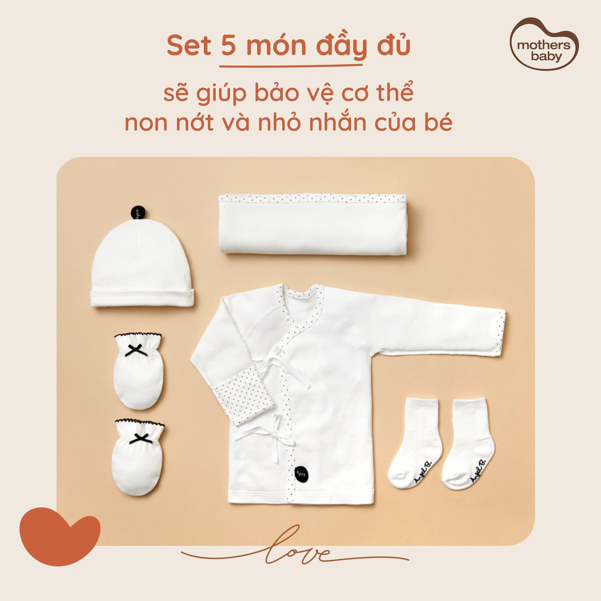 Set Sơ Sinh Cao Cấp 5 Món Đóng Hộp Xinh Xắn - Thương hiệu Angel B, Mothersbaby Hàn Quốc