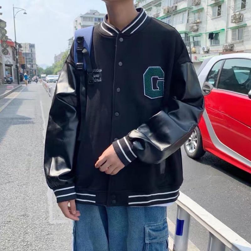 Áo Khoác Bomber Bóng Chày Phối Da Oversize Nam Nữ
