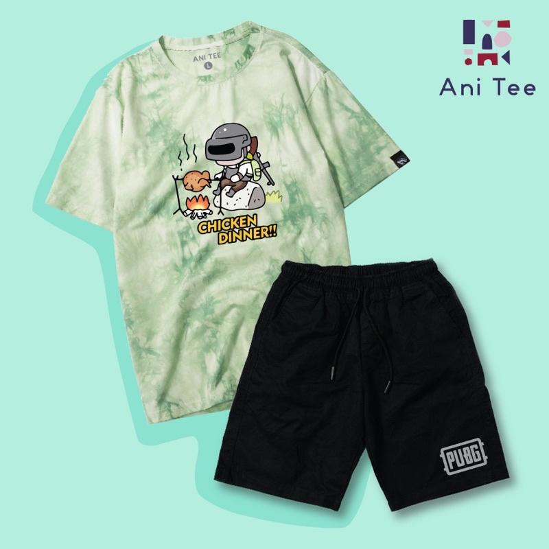 Combo Áo Loang Thun Cotton 100% + Quần Short Kaki Unisex Tay Lỡ Form Rộng - Pubg