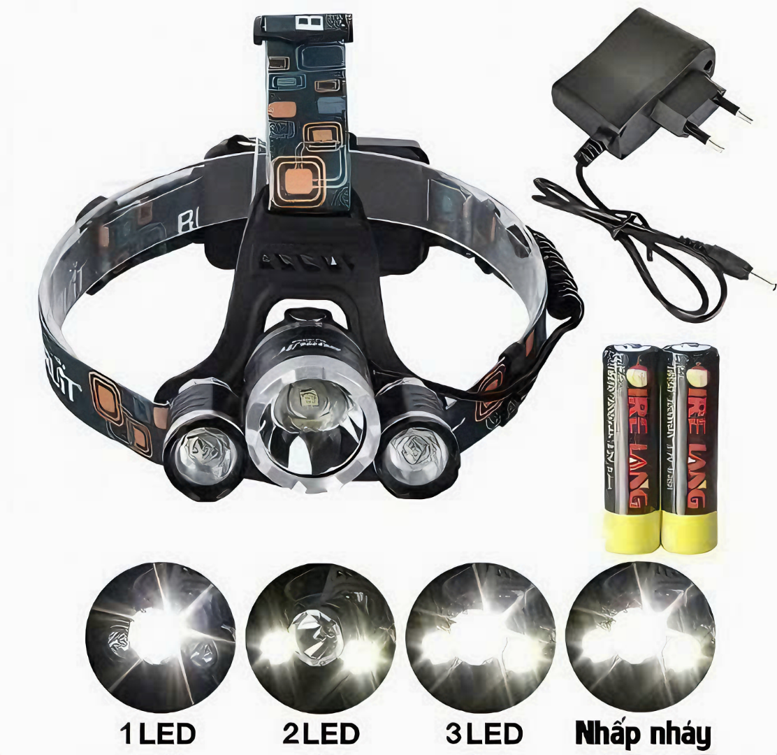 Đèn pin đội đầu 3 bóng led T6 siêu sáng loại cao cấp chống nước kèm 2 pin sạc (Tặng kèm quà tri ân)- Hàng chính hãng