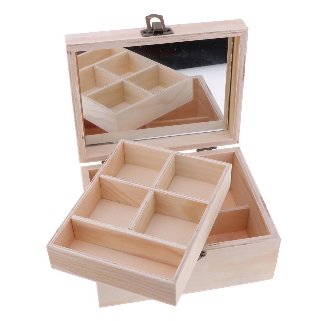 Rectangle Wood Box Jewelry Case Wedding Gift Makeup Cosmetic Earrings Ring Desk Rangement Make Up Wooden Organizer with Mirror - 2 Layers