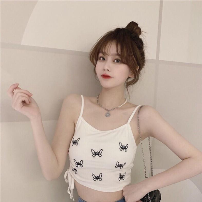 Áo bra 2 dây dáng croptop dây rút sườn hoạ tiết hình bướm có 3 màu đen, ghi, trắng coco land - chất bền