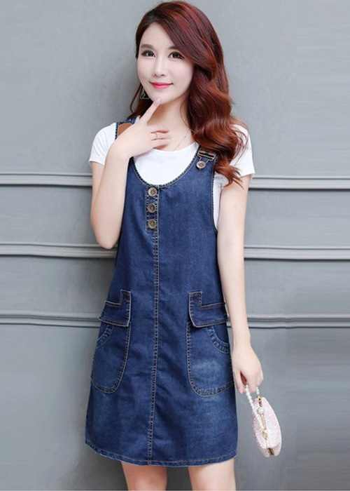 Đầm Yếm Jean Nữ Phối Da Nút Ngực Duyên Dáng