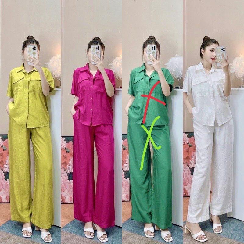 SET BỘ ĐI CHƠI, SET 2 MÓN ÁO SƠ MI TAY NGẮN PHỐI QUẦN SUÔNG ỐNG RỘNG CỰC SANG CHẢNH - Black