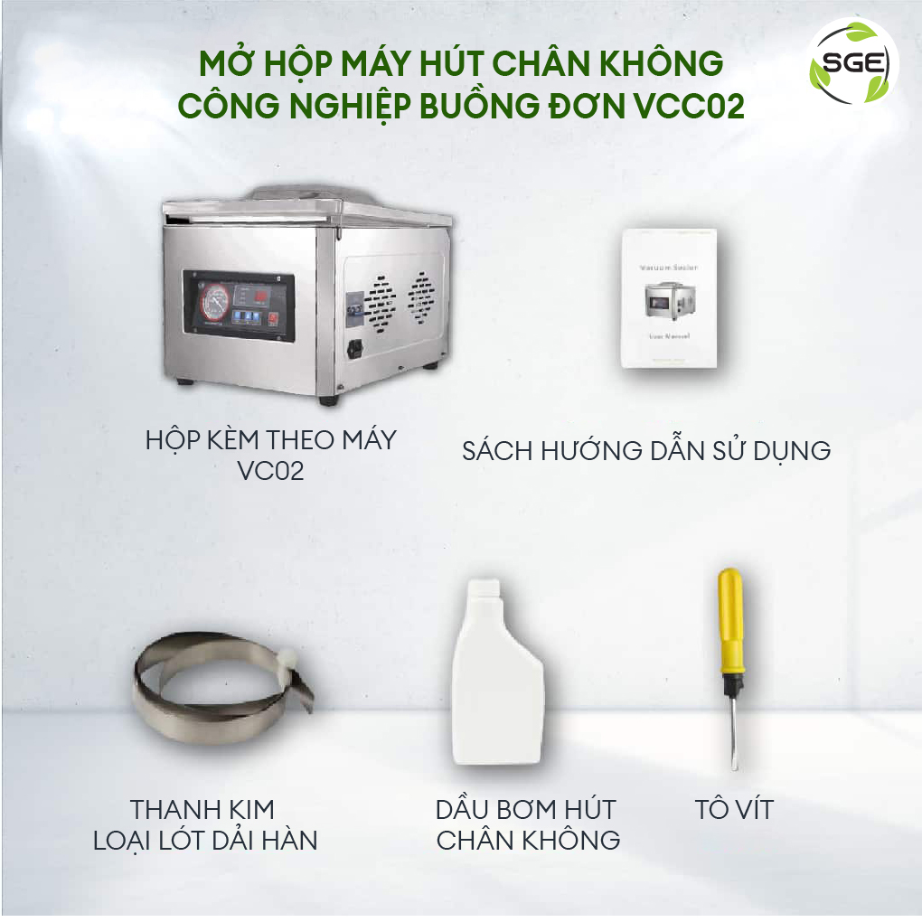 Máy hút chân không công nghiệp kiểu buồng VCC02. Hút bao nhanh, khỏe với buồng hút lớn, dễ sử dụng, tiết kiệm điện. Hàng nhập khẩu chính hãng SGE Thailand