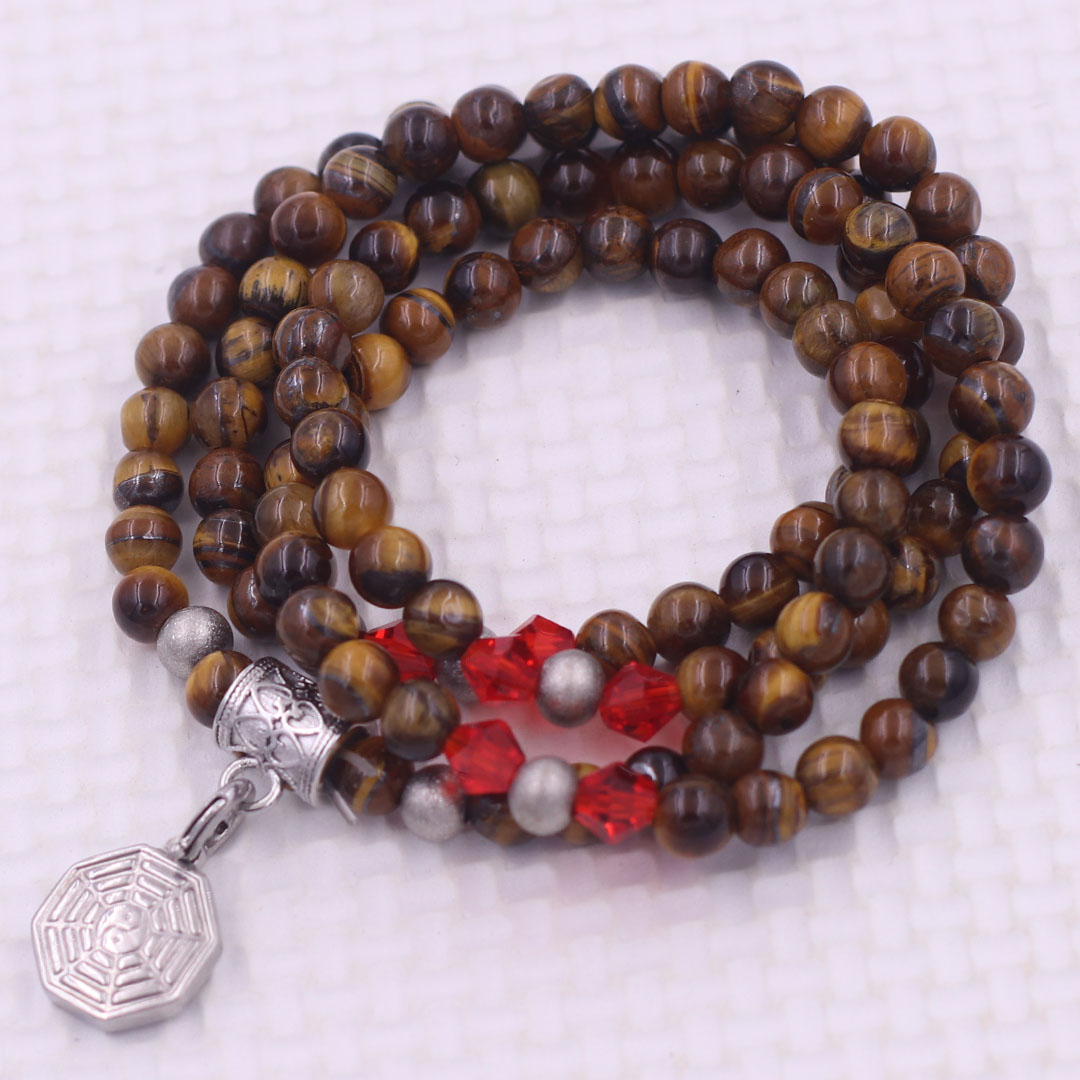 Vòng chuỗi 108 hạt đá mắt hổ vàng đen 6 ly charm bát quái inox - vòng chuỗi niệm Phật, vòng tay chuỗi hạt