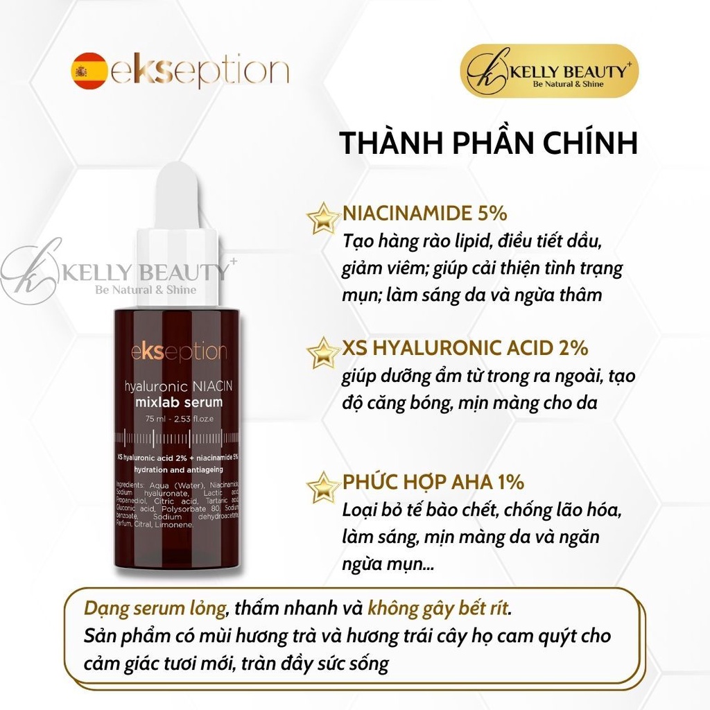 ekseption hyaluronic NIACIN mixlab serum - Tinh Chất Ngừa Mụn, Giảm Thâm; Sáng Da và Se Nhỏ Lỗ Chân Lông 75ml