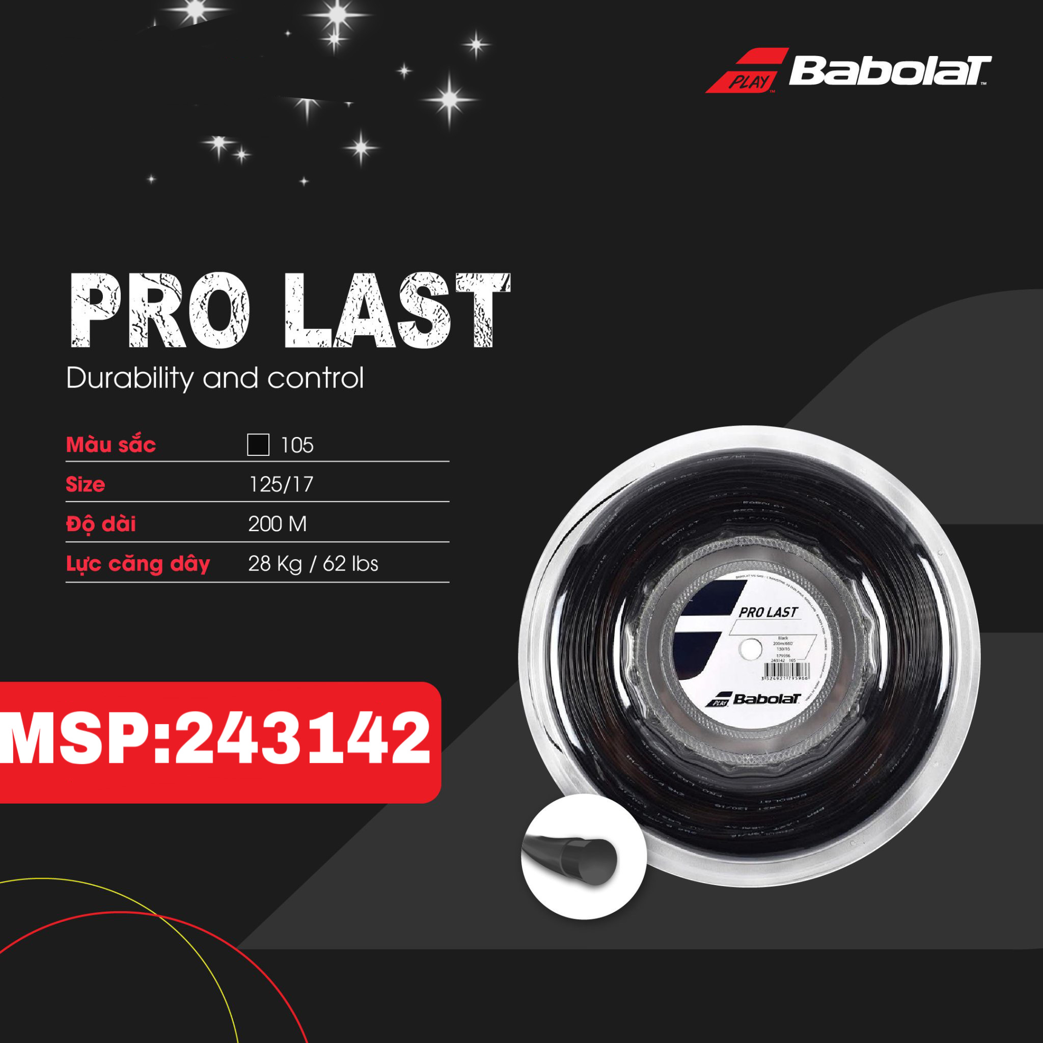 Dây căng vợt tennis Babolat PRO LAST 17 (243142-105)- Một cuộn 200m