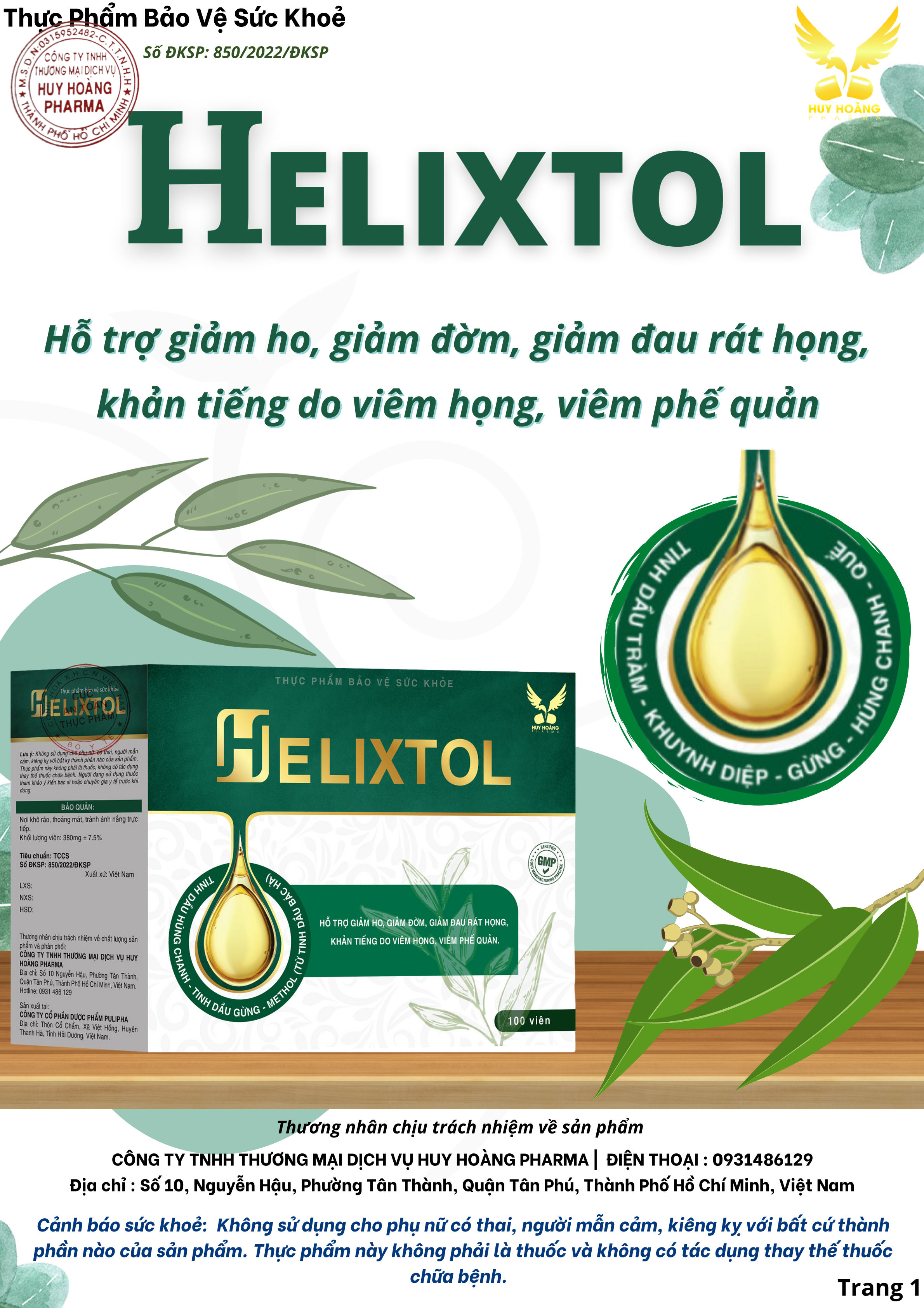 Thực phẩm bảo vệ sức khỏe Viên ho tinh dầu Helixtol Hộp 100 viên