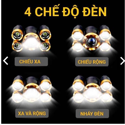 Đèn pin đội đầu 5 bóng  siêu sáng Với 4 Chế Độ Chiếu Xa, Rộng, Nháy Đèn