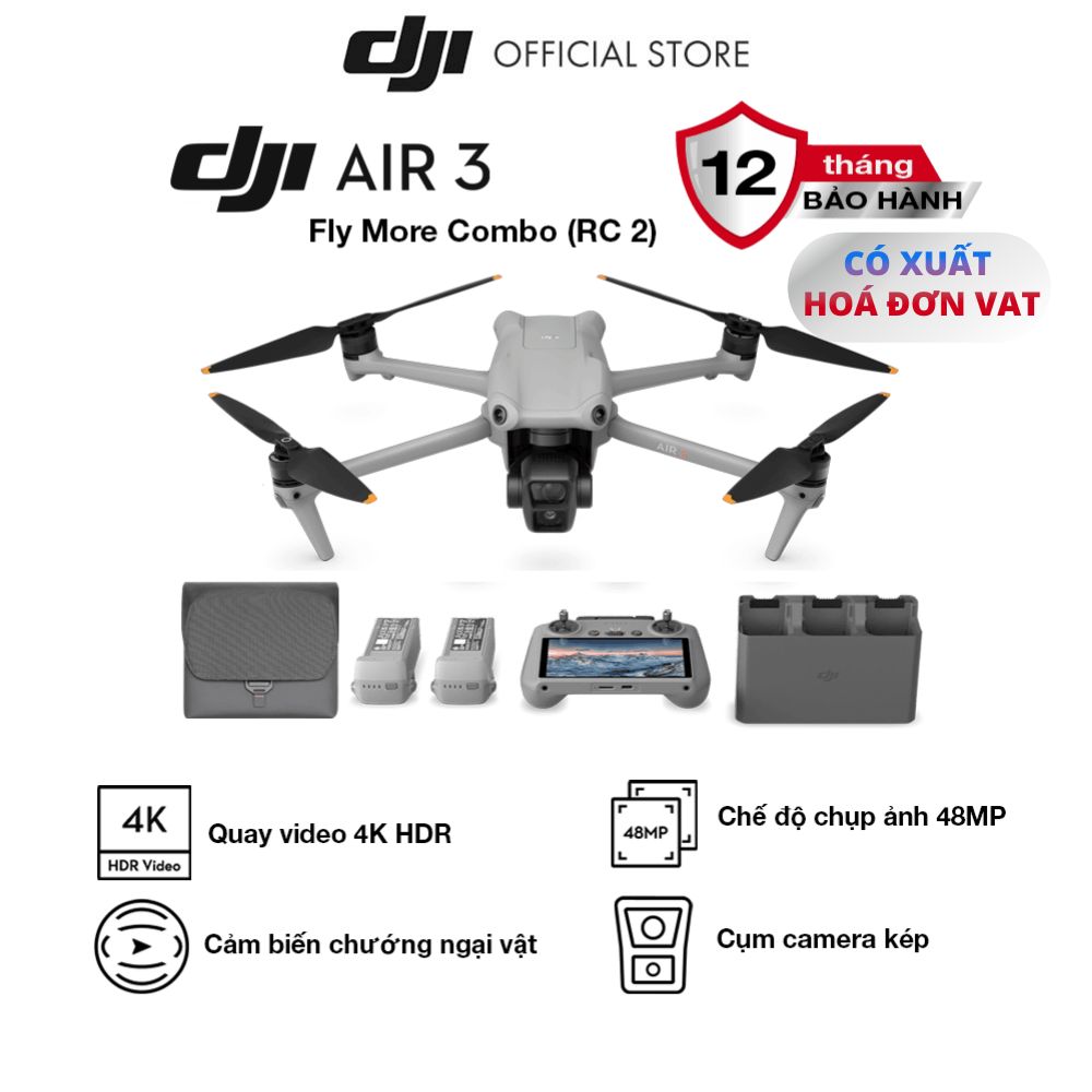 Flycam DJI Air 3 Fly More Combo kèm điều khiển có màn hình (DJI RC 2) camera kép quay video chất lượng 4K HDR - Hàng chính hãng