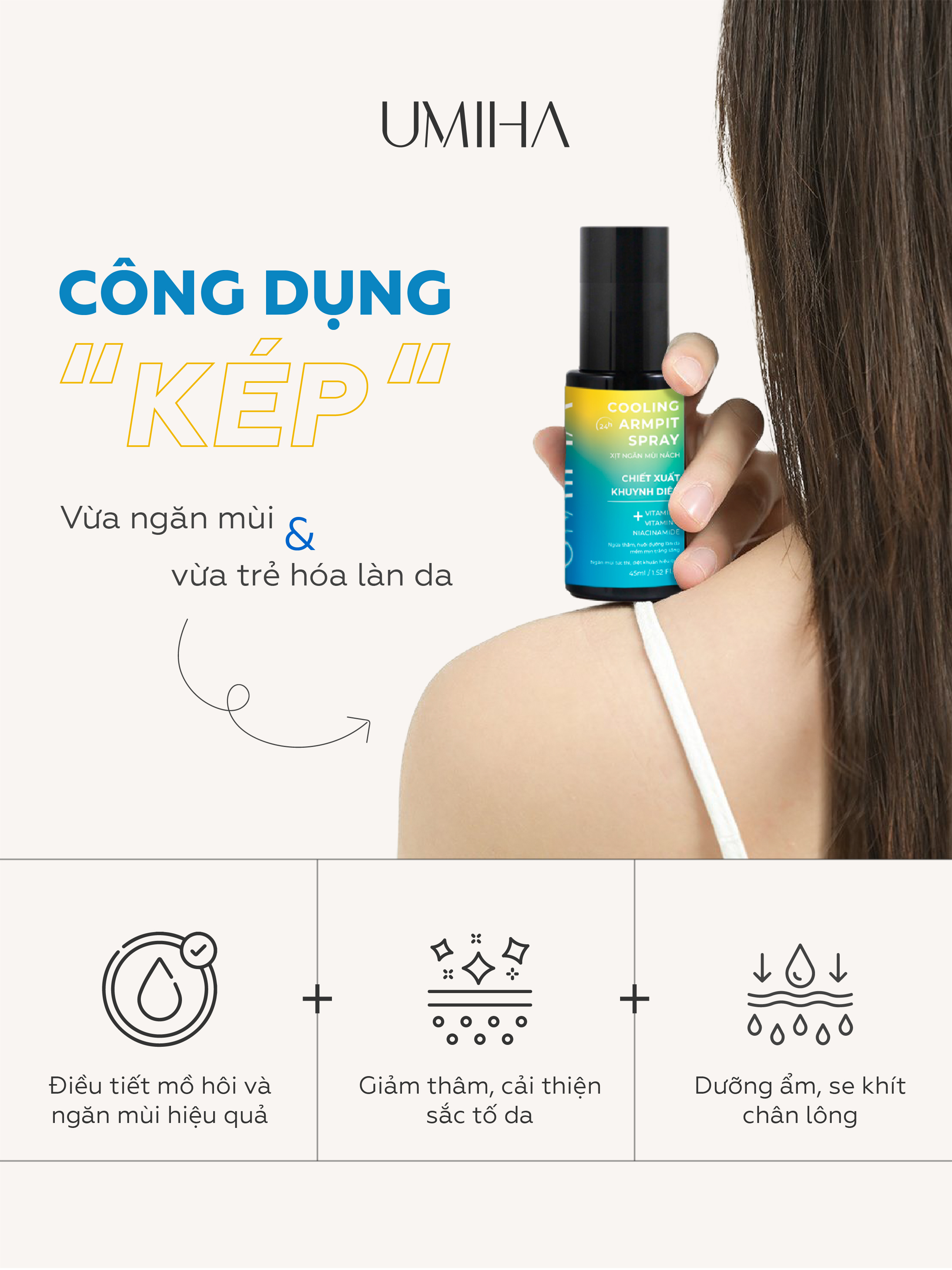 Xịt ngăn mùi nách trắng nách UMIHA (45ml) - Xịt khử mùi thay lăn khử mùi hôi nách, giúp trắng da nách, ngừa thâm nách