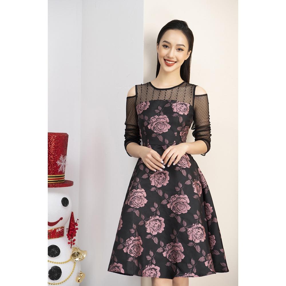 Đầm Nữ LUPERI LFV3122 Dáng Xòe Chất Liệu Tap ta họa tiết hoa hồng phối tay lưới đính đá