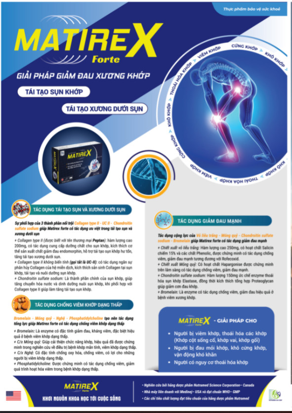 Viên uống hỗ trợ xương khớp MATIREX Forte - GIẢI PHÁP HỖ TRỢ GIẢM ĐAU XƯƠNG KHỚP GIÚP TÁI TẠO SỤN KHỚP VÀ XƯƠNG DƯỚI SỤN - NHÀ MÁY LIÊN DOANH VỚI MEDINEJ USA , ĐẠT CHUẨN GMP-WHO