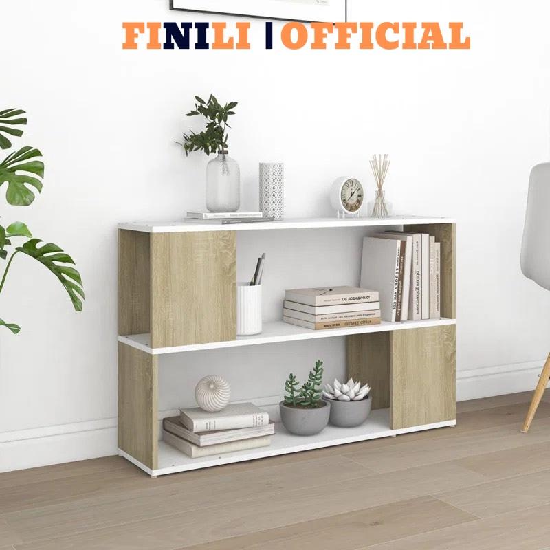 Kệ sách trang trí gần ghế sofa FINILI dành phòng khách kết hợp màu gỗ và trắng FNLO143