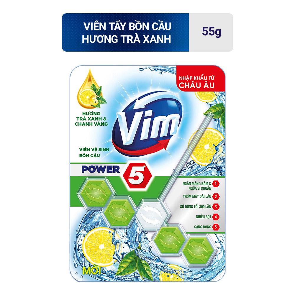 Viên Tẩy Bồn Cầu Vim Power 5 Hương Trà Xanh Chanh Vàng 55G Sạch Khuẩn Thơm Mát