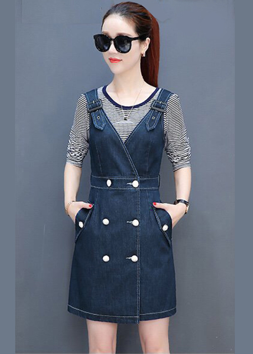 Đầm Yếm Jean Nữ Duyên Dáng Phối Nút