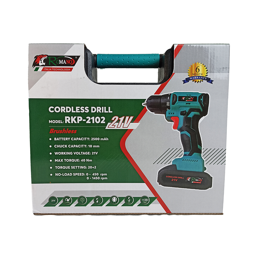 Máy khoan pin 21V ROMANO RKP2102, động cơ KHÔNG chổi than