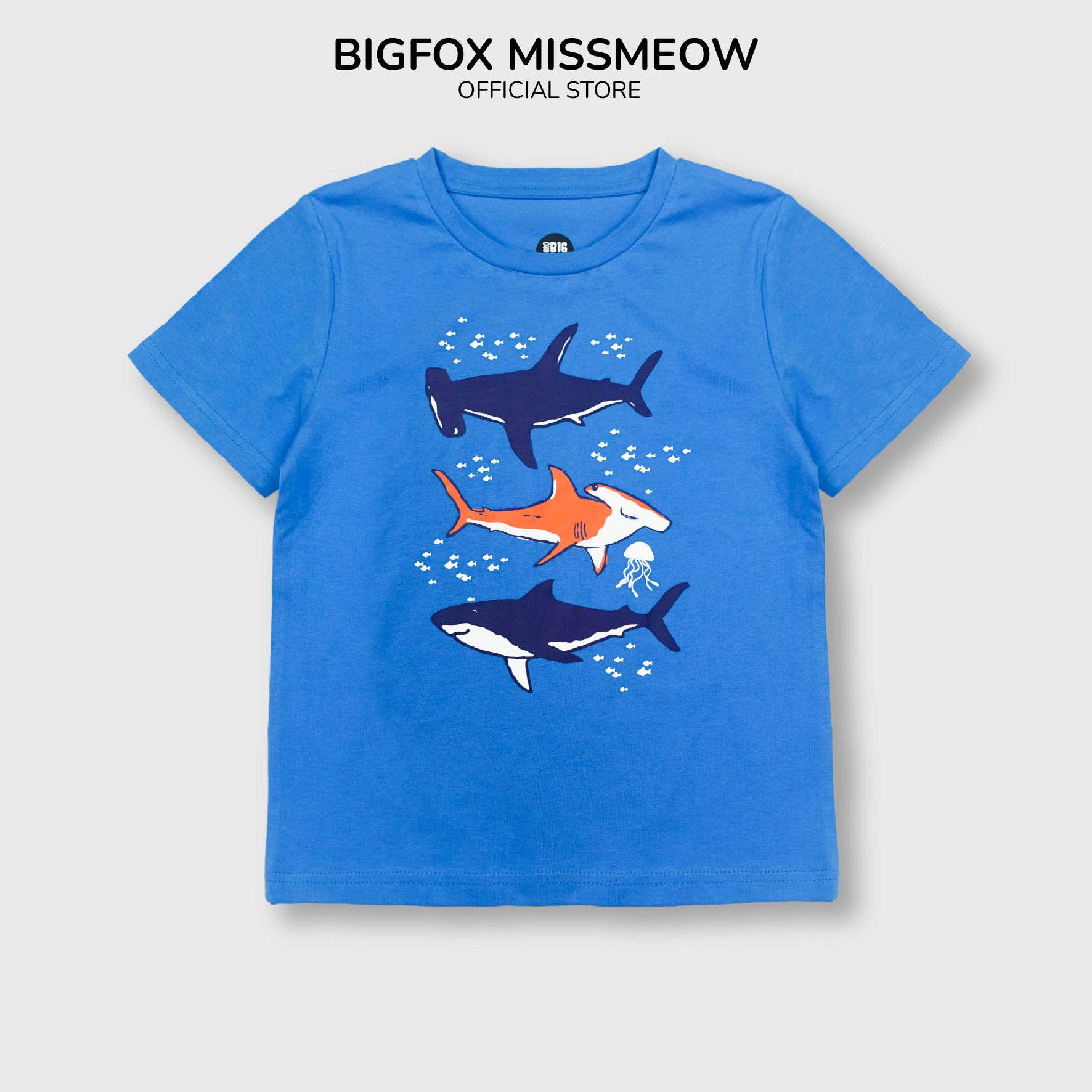 Áo phông cộc tay bé trai Bigfox Miss Meow size đại, áo thun cho bé phong cách Hàn Quốc in Cá Mập cỡ 3-11 tuổi 30kg 40kg