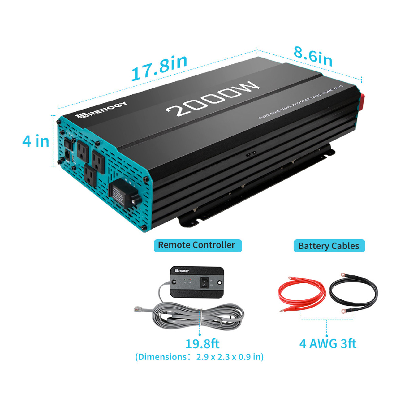Bộ Đổi Điện Sóng Sin Chuẩn, Bộ Kích Điện INVERTER 12V công suất 2000W thương hiệu RENOGY của MỸ sử dụng trên RV, motorhome và pickup