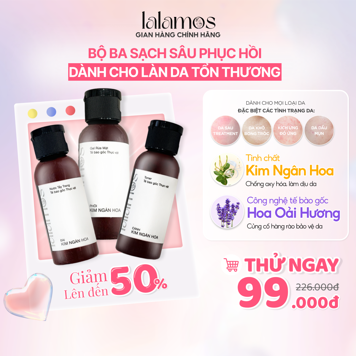 Combo sạch sâu Lalamos Mini size Nước tẩy trang 50ml + Sữa rửa mặt 50ml + Toner Kim Ngân Hoa 50ml