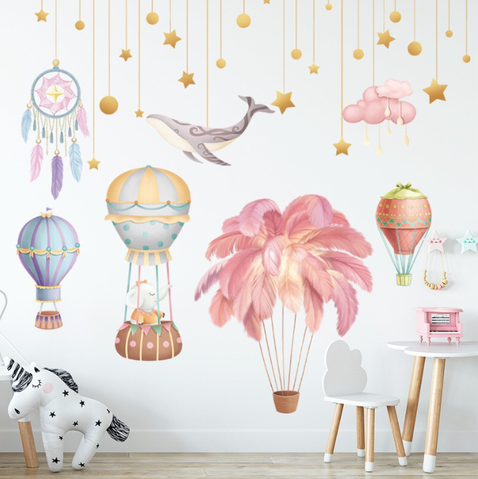 Decal trang trí tường - Rèm dây cá voi và chuông gió và sao vàng