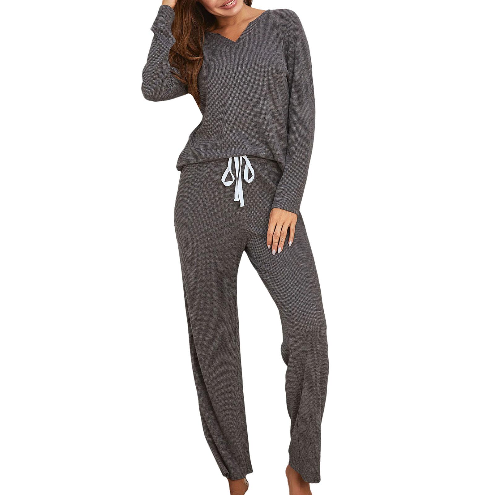 Women Pajamas Set V-Neck Long Sleeve Pullover T-shirt with Long Pants Solid Loungewear Sleepwear Home Wear