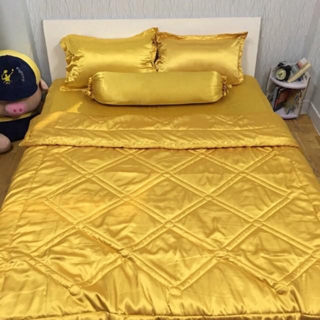Bộ Chăn Trần Bông Ga Gối Phi Lụa 5 Món Cao Cấp Lan Bedding Màu Vàng Chanh