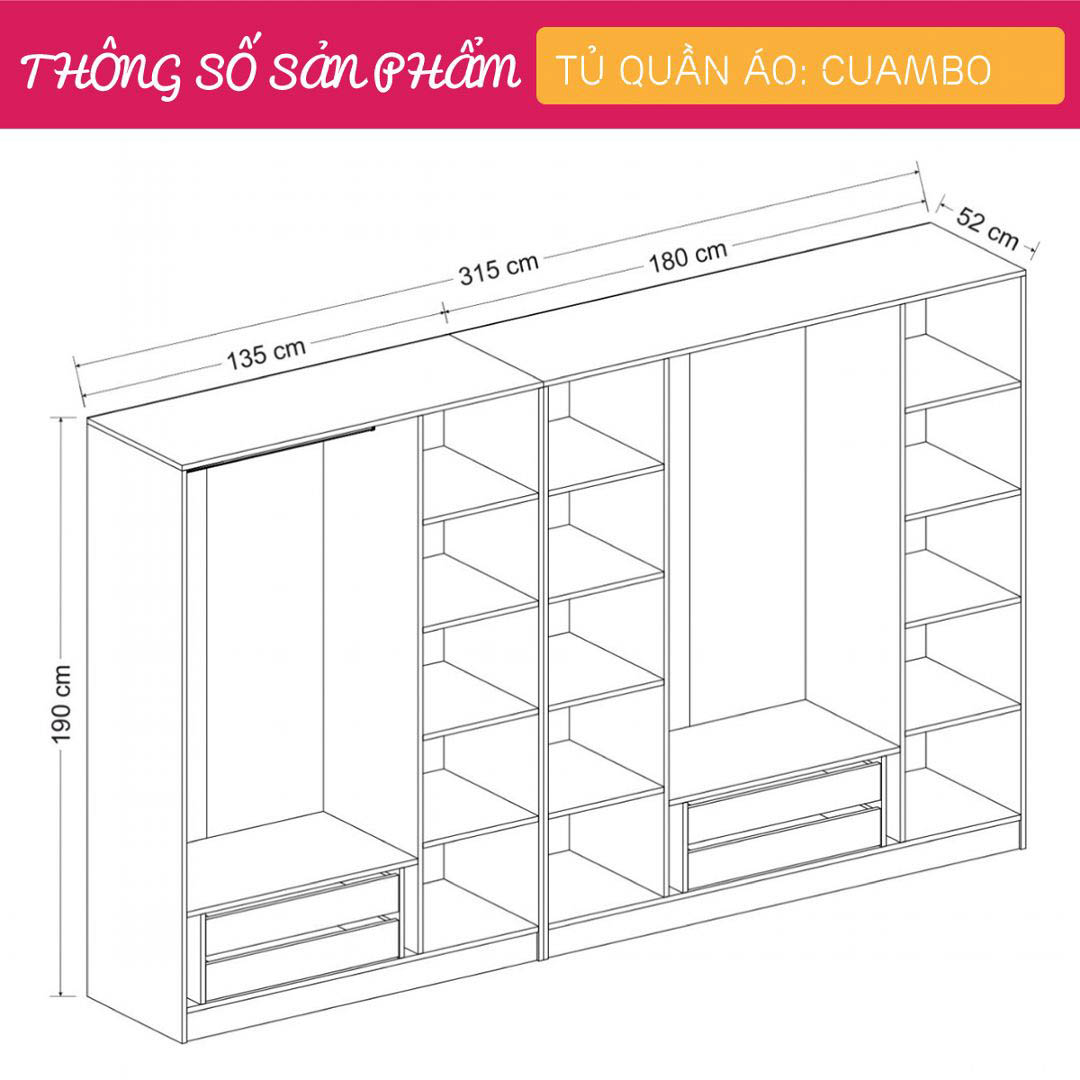 Tủ quần áo gỗ hiện đại SMLIFE Cuambo  | Gỗ MDF dày 17mm chống ẩm | D315xR52xC190cm