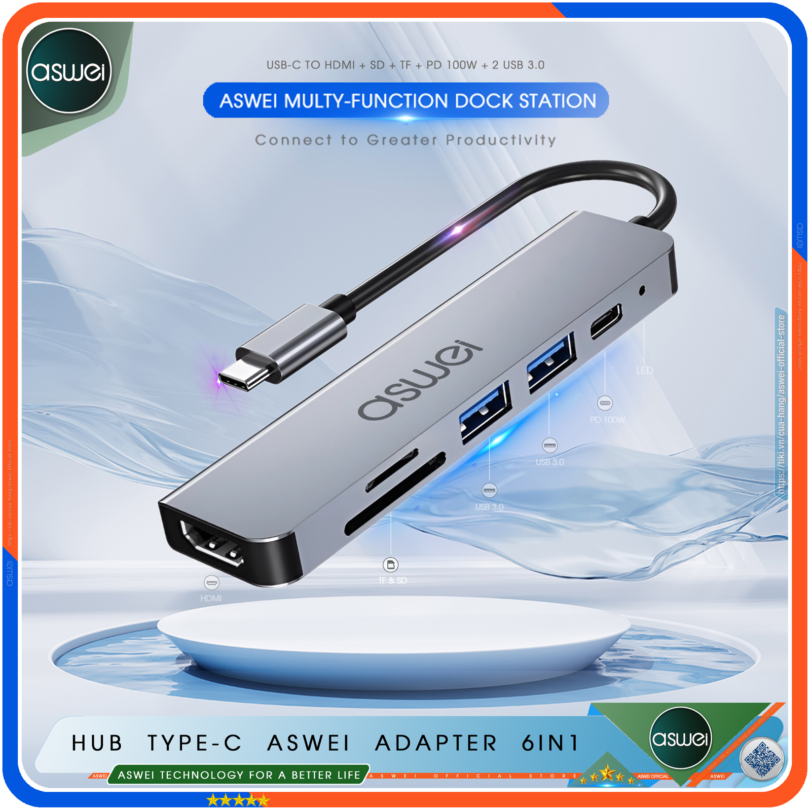 Hub Type C ASWEI 6in1 To HDMI, USB 3.0, SD, TF, PD 100W - Cổng Chia, Ổ Chia USB Tốc Độ Cao - Hub Chuyển Đổi USB Type-C Dành Cho MacBook, Tivi, Laptop, PC, Máy Tính Bảng, Smartphone – Hàng Chính Hãng