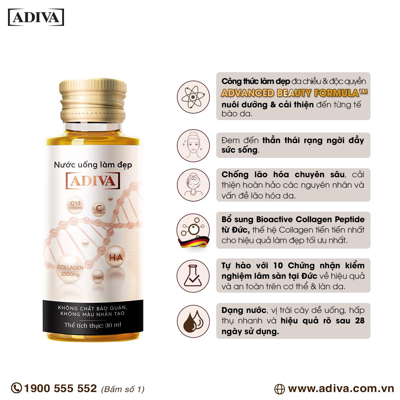 Nước uống làm đẹp Collagen Adiva (14 lọ x30ml/ Hộp )