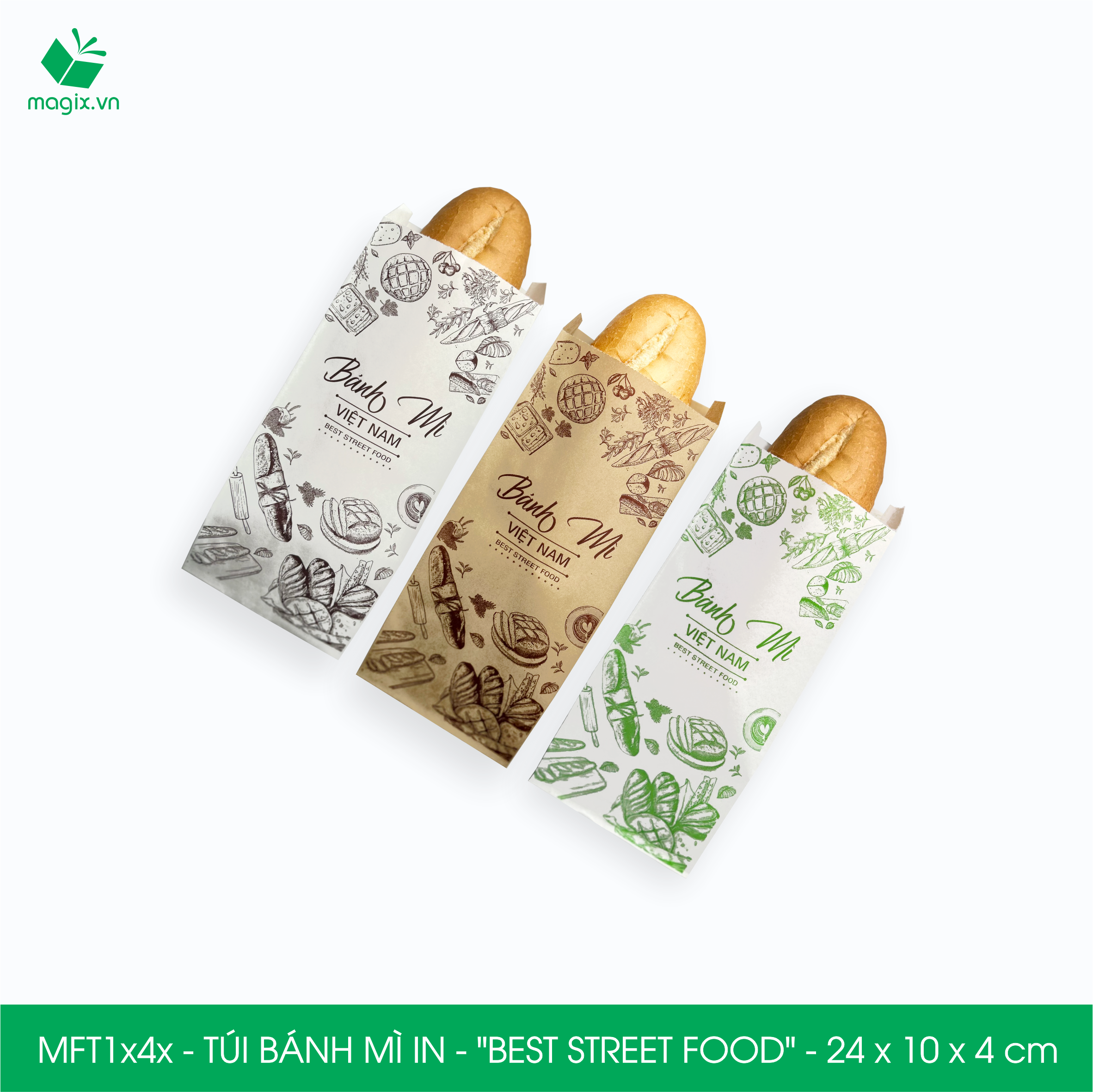 Combo 100 Túi bánh mì 24x10x4 cm - In sẵn họa tiết BEST STREET FOOD - Bao bánh mì Túi giấy thực phẩm an toàn