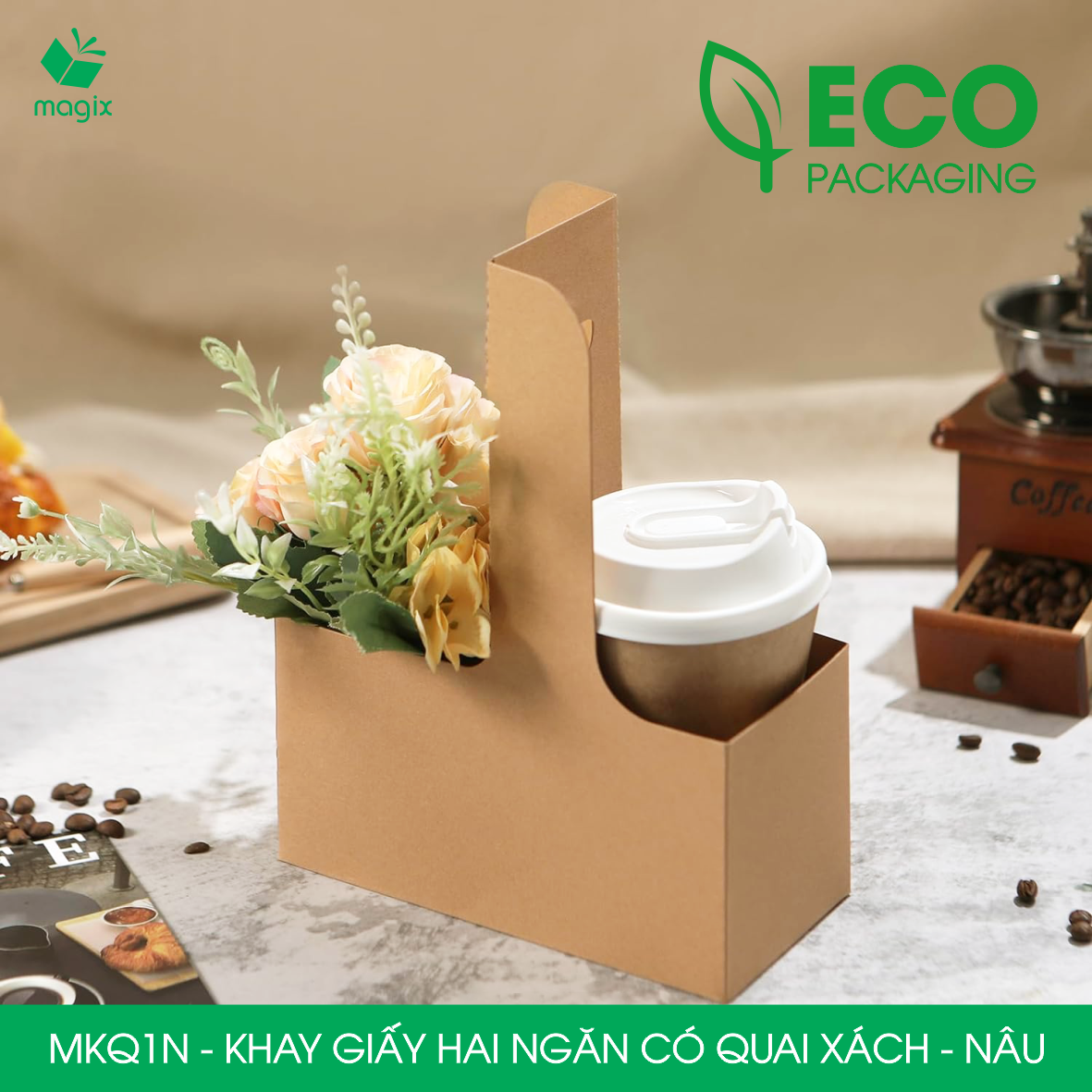 MKQ1N - 17.5x8x9 cm - Combo 60 Khay giấy 2 ngăn quai xách màu nâu siêu chắc, hộp giấy 2 ngăn chống thấm đựng ly nước, hoa và quà tặng