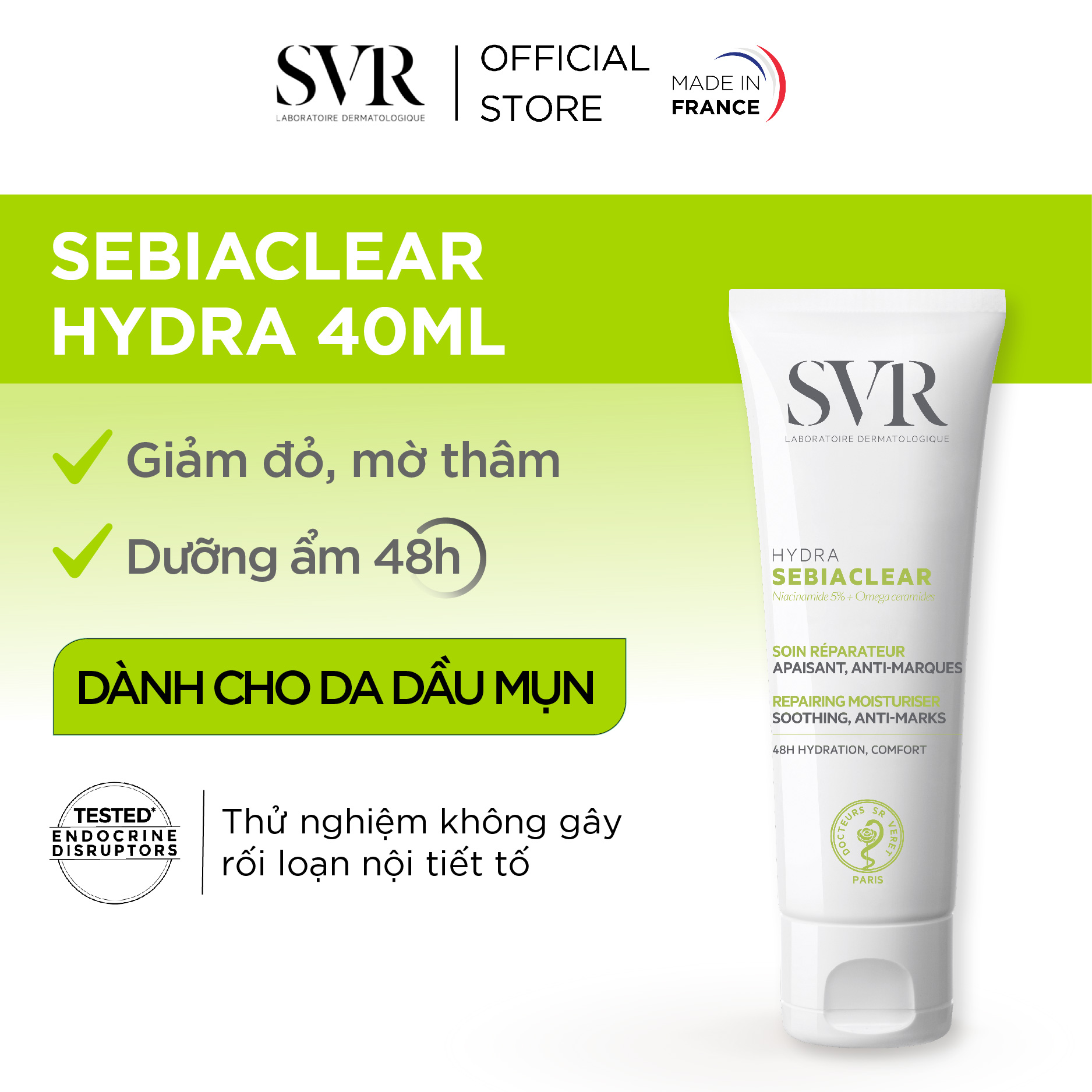 Kem dưỡng ẩm, giúp làm dịu, hỗ trợ sửa chữa và mờ thâm cho da mụn SVR SEBIACLEAR HYDRA 40ml