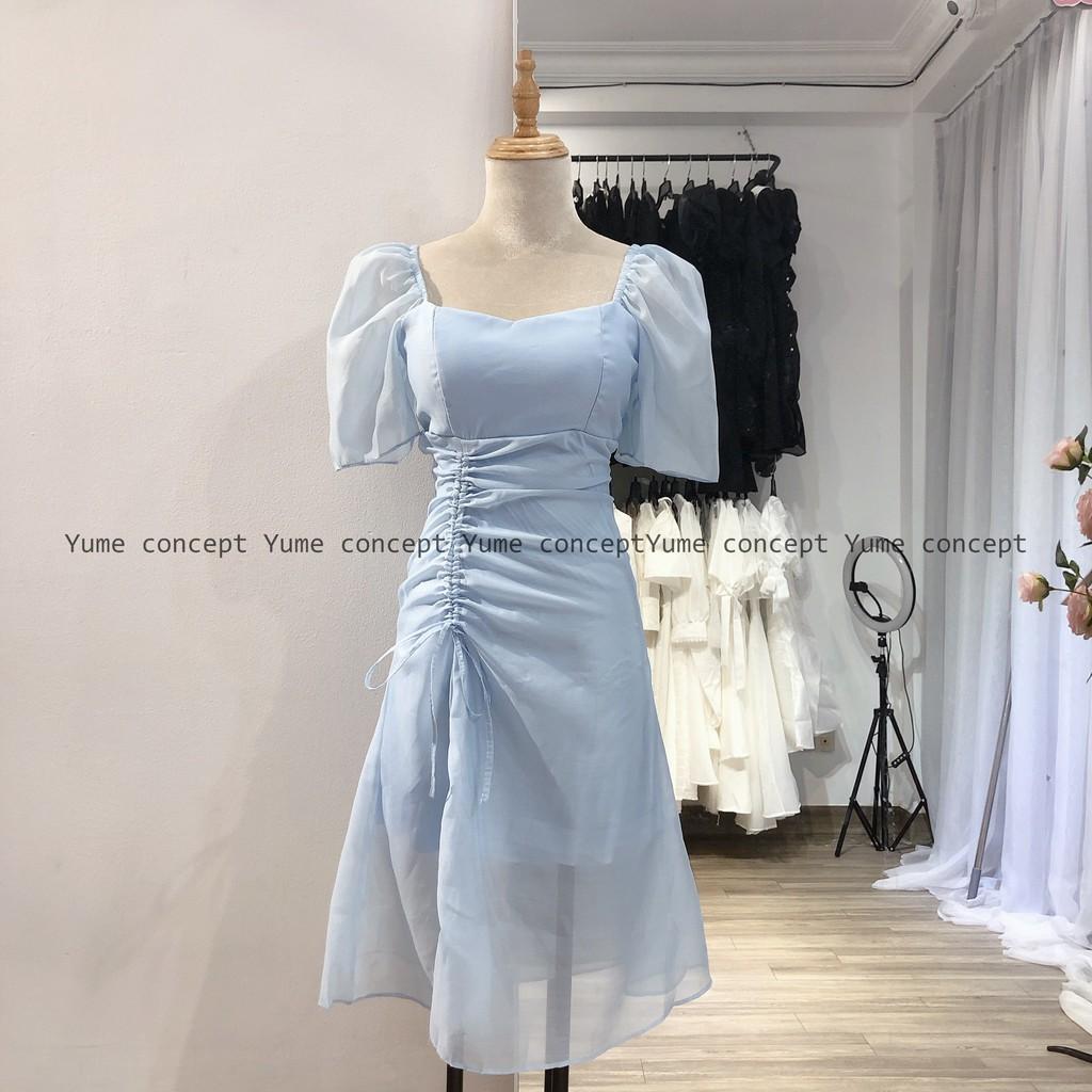 Đầm Dự Tiệc Tay Phồng Rút Dây Hông