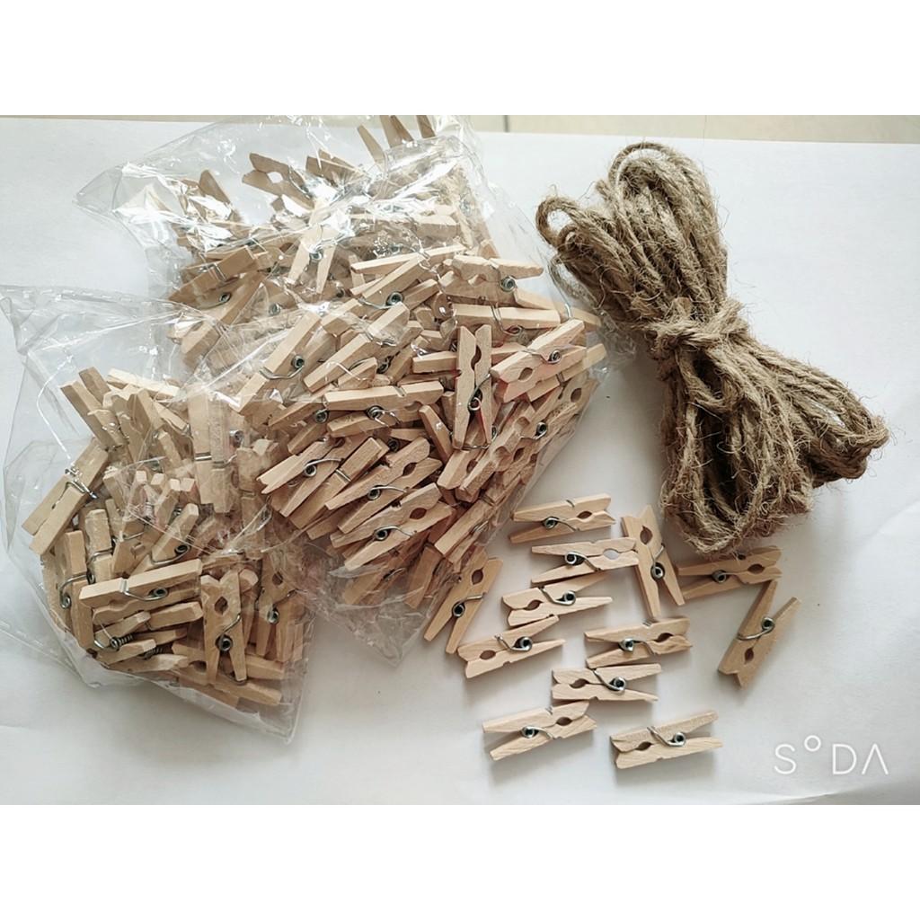 Sỉ gói 50 kẹp ảnh gỗ màu size 25mm Tặng Kèm 5m dây cói treo ảnh