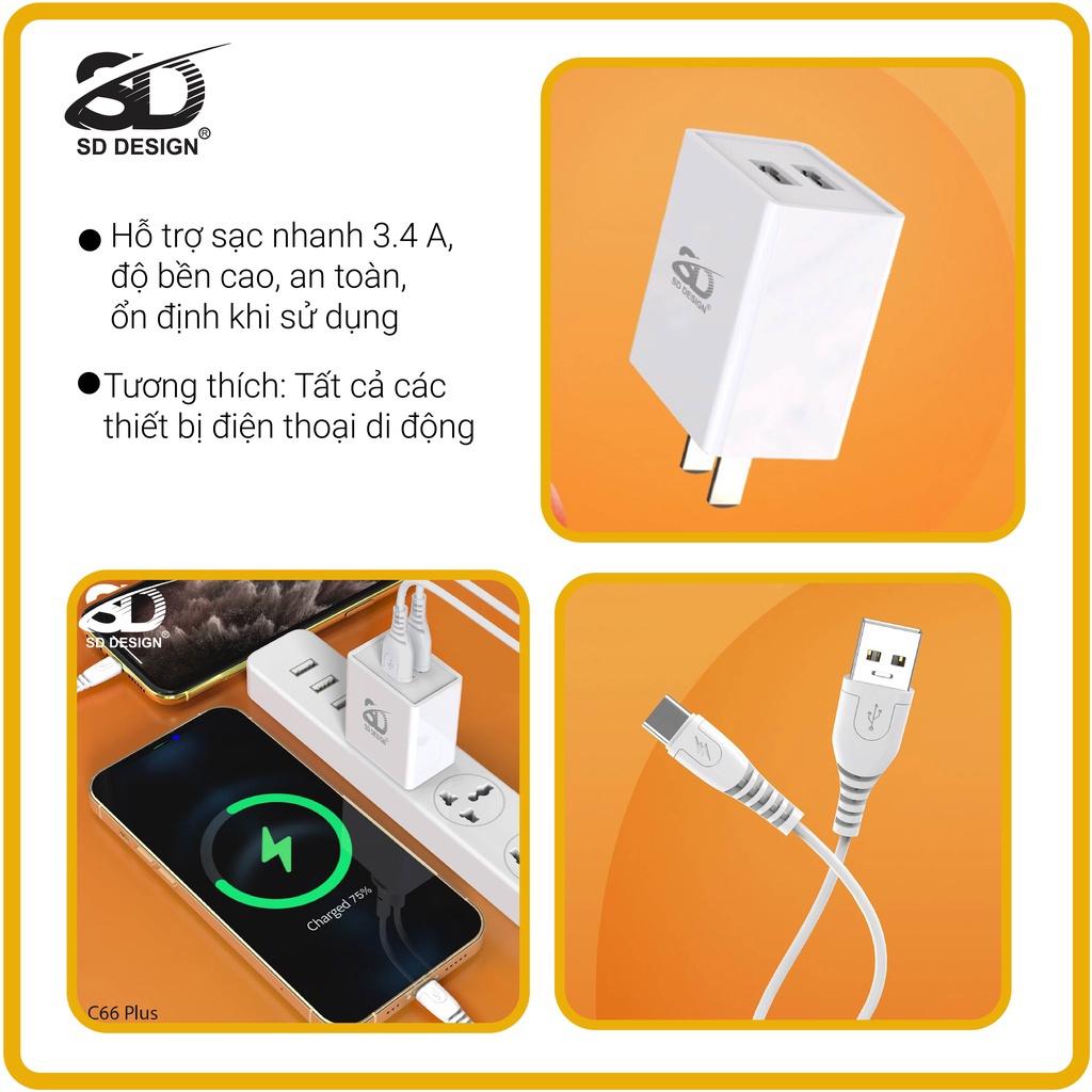 Bộ Củ Sạc Nhanh 3.4A C66 Plus 2 cổng USB SD Design hỗ trợ sạc các dòng điện thoại, Bảo hành 1 đổi 1