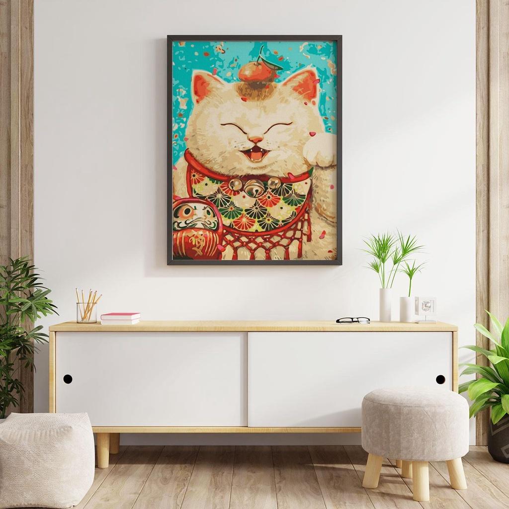 Tranh số hóa Mèo chiêu tài đã căng khung 40x50cm