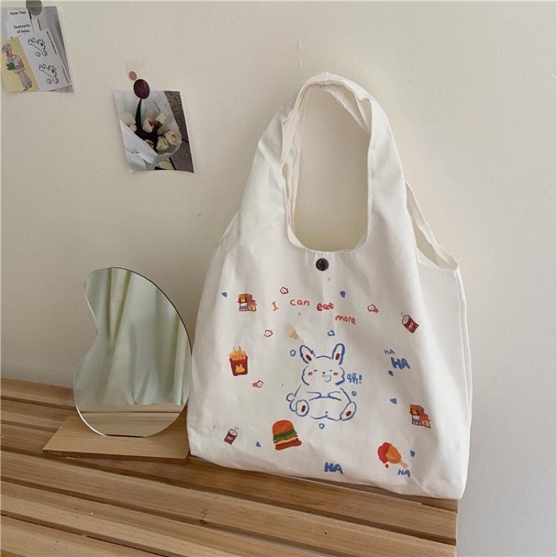 Túi Tote Túi Vải Canvas đeo vai Hình Chibi Mini phong cách Hàn Quốc có ngăn phụ và nút bấm