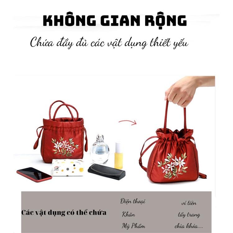 Túi Xách Cầm Tay Thêu Hoa Chất liệu Lụa Mềm Mại Có Dây Rút Phong Cách Cổ Điển, Sang Trọng Cho Nữ Giới, 2N001 2 Ngân Shop